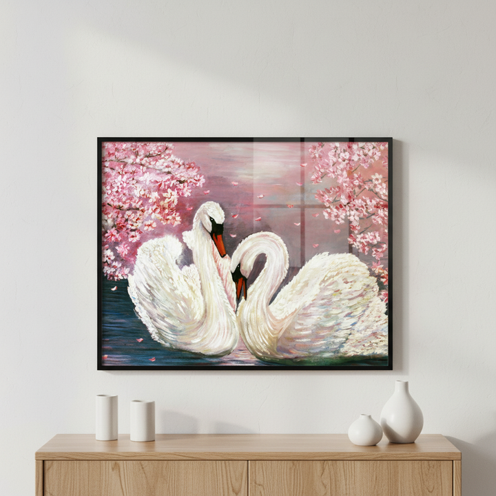 Painting two swans pond pink flowers ภาพติดผังสไตล์สแกนดิเนเวีย สำหรับตกแต่งบ้านและคอนโด พร้อมกรอบคุณภาพ