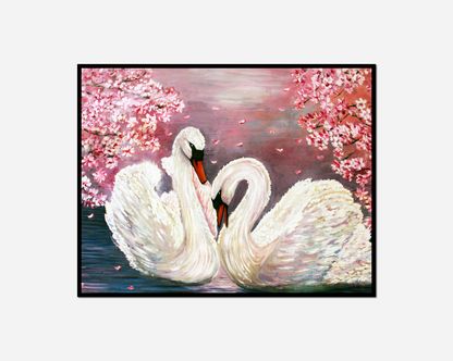 Painting two swans pond pink flowers