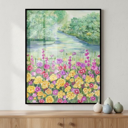 Painting river flowers trees ภาพติดผังสไตล์สแกนดิเนเวีย สำหรับตกแต่งบ้านและคอนโด พร้อมกรอบคุณภาพ