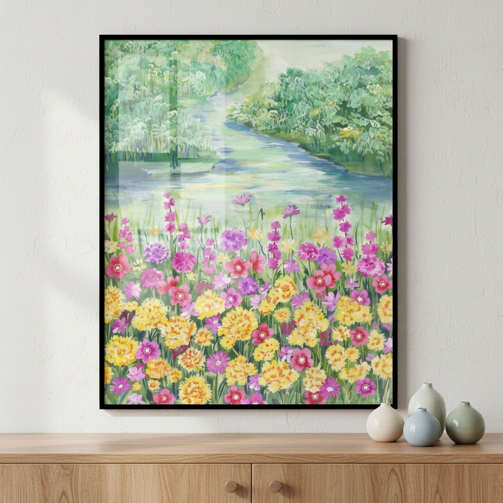 Painting river flowers trees ภาพติดผังสไตล์สแกนดิเนเวีย สำหรับตกแต่งบ้านและคอนโด พร้อมกรอบคุณภาพ