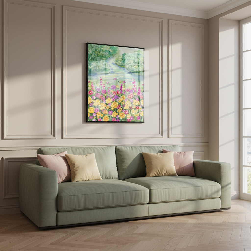 Painting river flowers trees