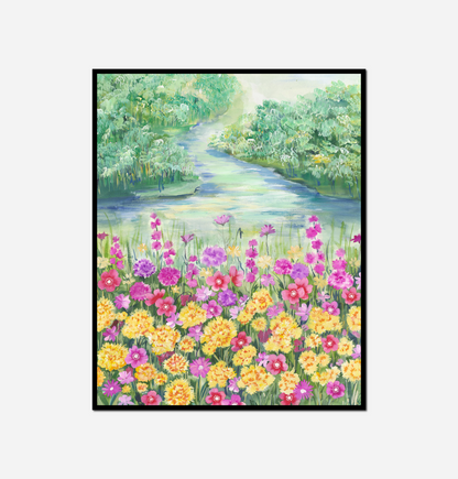Painting river flowers trees