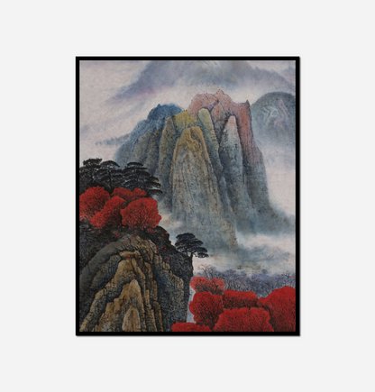 Painting mountain landscape red trees mountain
