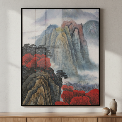 Painting mountain landscape red trees mountain ภาพติดผังสไตล์สแกนดิเนเวีย สำหรับตกแต่งบ้านและคอนโด พร้อมกรอบคุณภาพ