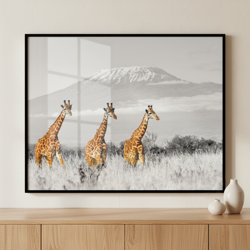 Three giraffes walking field mountain ภาพติดผังสไตล์สแกนดิเนเวีย สำหรับตกแต่งบ้านและคอนโด พร้อมกรอบคุณภาพ