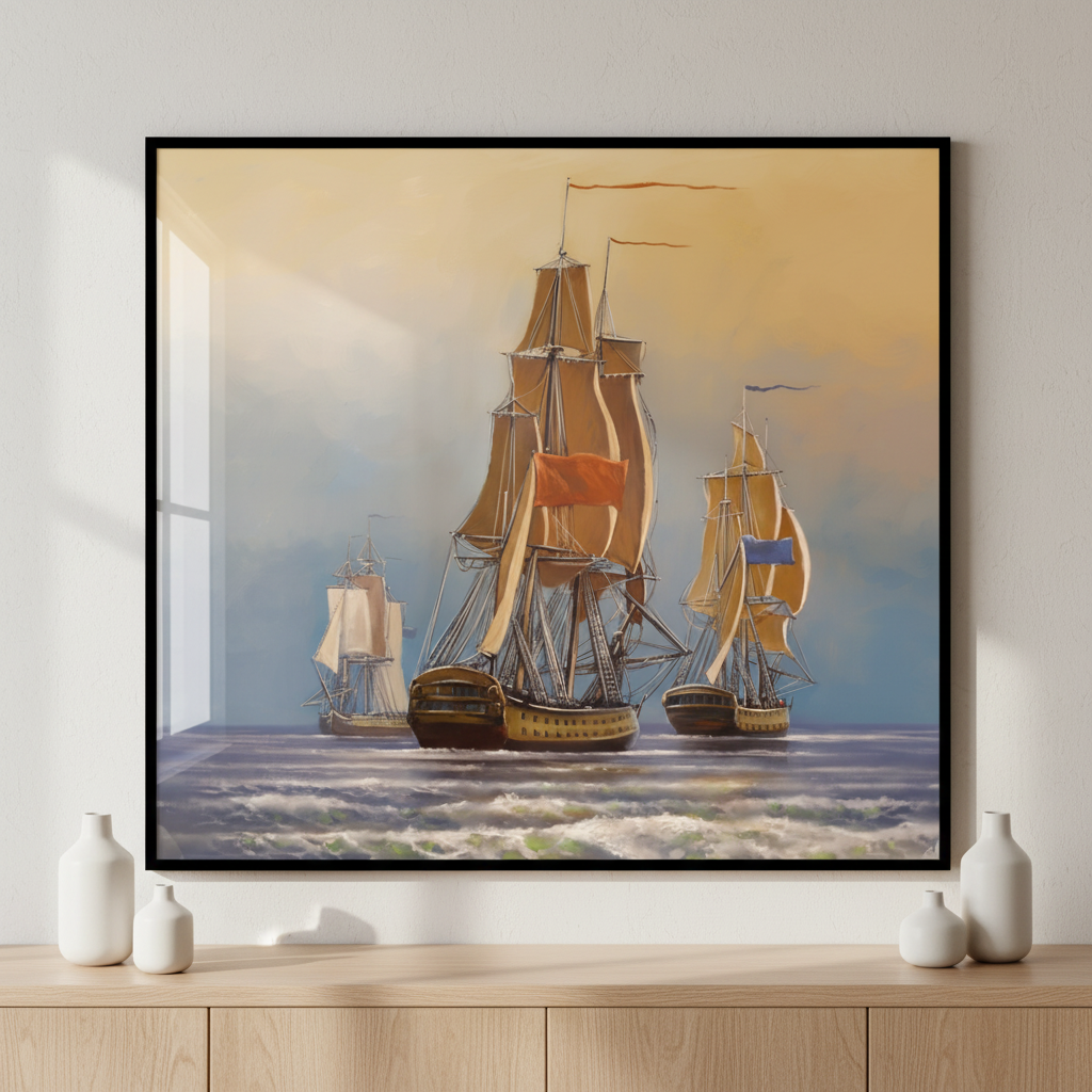 Painting two ships ocean sky ภาพติดผังสไตล์วิวธรรมชาติ สำหรับตกแต่งบ้านและคอนโด พร้อมกรอบคุณภาพ