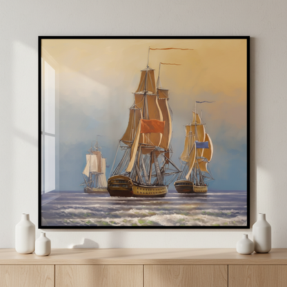 Painting two ships ocean sky ภาพติดผังสไตล์วิวธรรมชาติ สำหรับตกแต่งบ้านและคอนโด พร้อมกรอบคุณภาพ