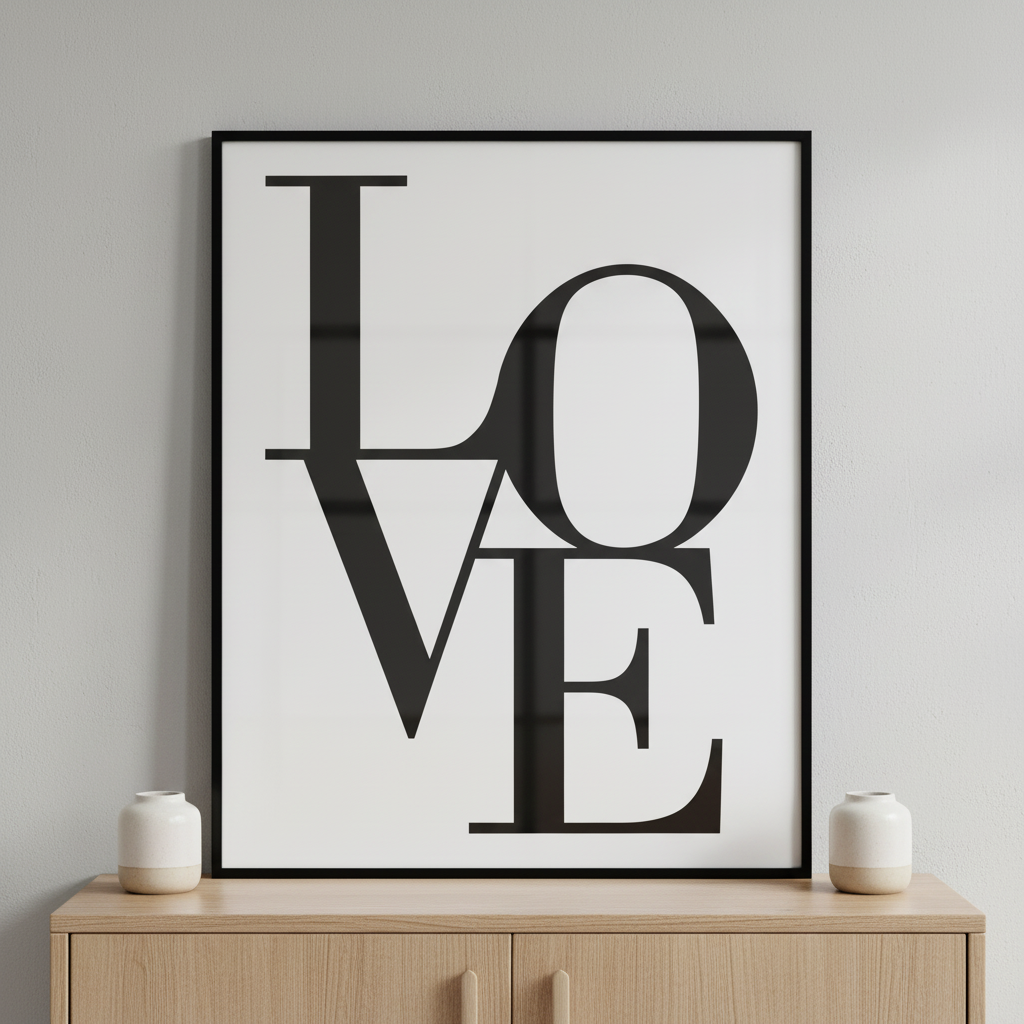 Black white love word love square ภาพติดผังสไตล์สแกนดิเนเวีย สำหรับตกแต่งบ้านและคอนโด พร้อมกรอบคุณภาพ