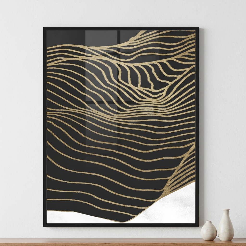 Gold Flow Pattern II ภาพติดผังสไตล์สแกนดิเนเวีย สำหรับตกแต่งบ้านและคอนโด พร้อมกรอบคุณภาพ