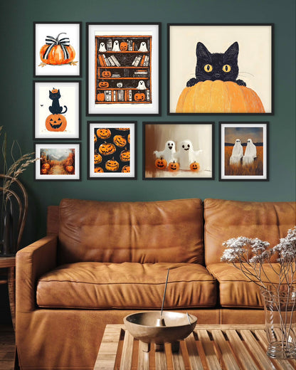Big Cat, Big Pumpkin (8 ภาพ) ภาพติดผังสไตล์นามธรรม สำหรับตกแต่งบ้านและคอนโด พร้อมกรอบคุณภาพ