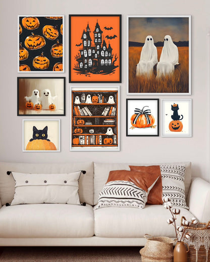 Cozy Halloween (8 ภาพ) ภาพติดผังสไตล์นามธรรม สำหรับตกแต่งบ้านและคอนโด พร้อมกรอบคุณภาพ