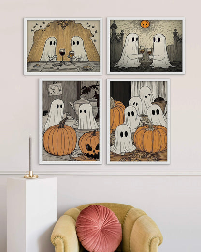 Ghost Family Gathering (4 ภาพ) ภาพติดผังสไตล์นามธรรม สำหรับตกแต่งบ้านและคอนโด พร้อมกรอบคุณภาพ