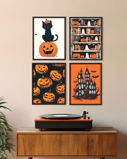 Halloween Mood (4 ภาพ) ภาพติดผังสไตล์นามธรรม สำหรับตกแต่งบ้านและคอนโด พร้อมกรอบคุณภาพ